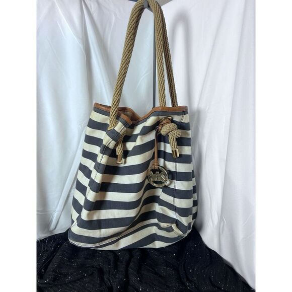 Michael Kors Large Blue And White Pinstripe Marina Tote Shoulder Bag Rope Handle - Picture 1 of 13